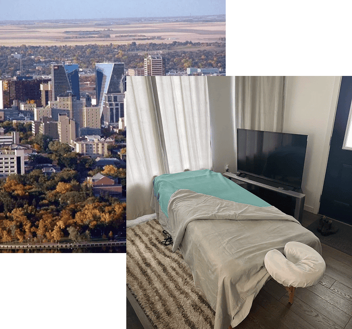 City view with massage room setup.