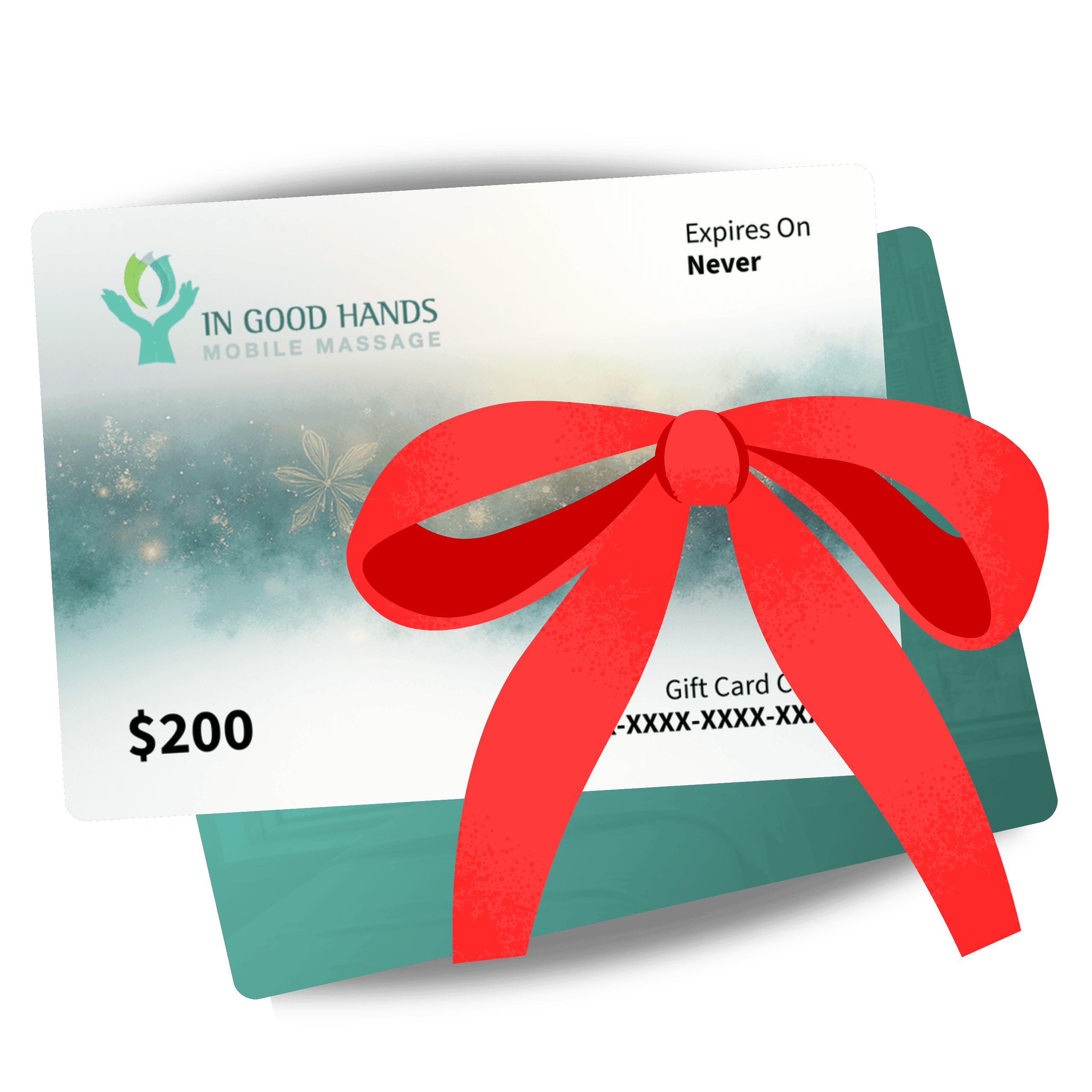 $200 massage gift card with red ribbon.