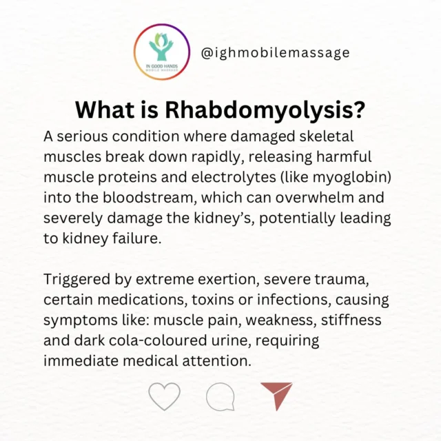 Take care of your muscle system my people!! Also known as “Rhabdo” this is a SERIOUS musculoskeletal issue. If left untreated can be life threatening.

Google search for pictures so you can be fully aware of what to look out for.

#musclefacts #themoreyouknow #ingoodhands #mobilemassagetherapyincalgary #musclehealth