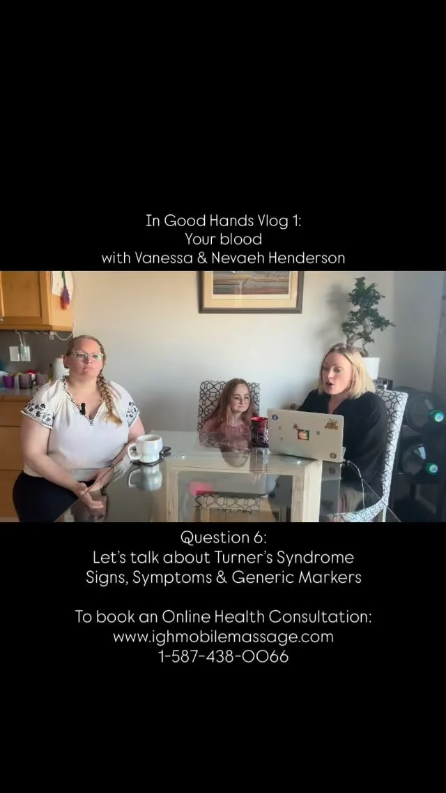 Back with Vanessa & Nevaeh talking about Turner’s Syndrome today!!

Signs, symptoms and genetic markers.

To book your Online Health Consultations:
Online: www.ighmobilemassage.com
Call: 1-587-438-0066

We’re here to help!!

#ingoodhands #mobilemassagecalgary #onlinehealthconsulting #bloodhealth #turnerssyndrome