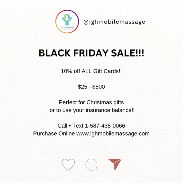Now, I definitely don’t want to feed into the”buy buy BUY” culture of Black Friday…however 10% off Massage GIFT CARDS seemed like a no brainer.

Perfect for:
🎁 That someone on your list who has everything
🎁 The person in your life who NEVER takes time to relax
🎁 The busy mom always thinking of everyone else
🎁 Someone who wouldn’t otherwise be able to afford the comfort & convenience of a professional in home massage

Call • Text • Purchase Online
www.ighmobilemassage.com
1-587-438-0066

#blackfriday #mobilemassagenearme #giftcertificate #holidayshopping #mobilemassagecalgary #inhomemassagecalgary #mobilemassageregina #inhomemassageregina